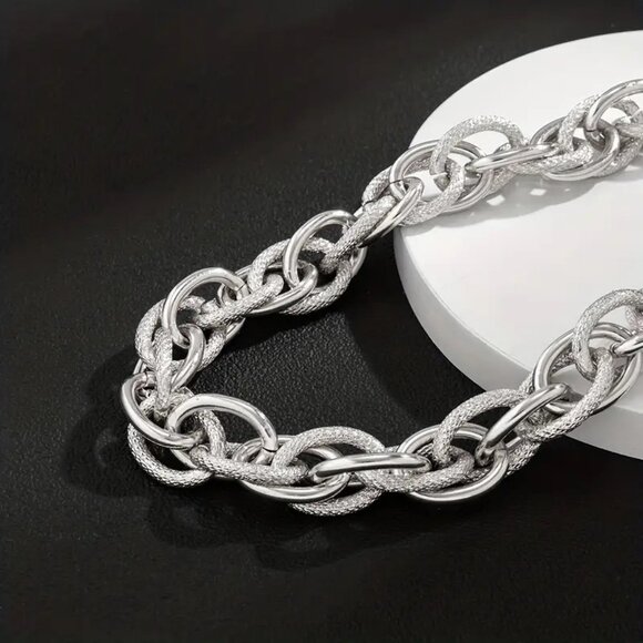 Chunky Choker Silver Necklace - Cuban Link Chain Double O Link Necklaces Hip-hop - Picture 8 of 8